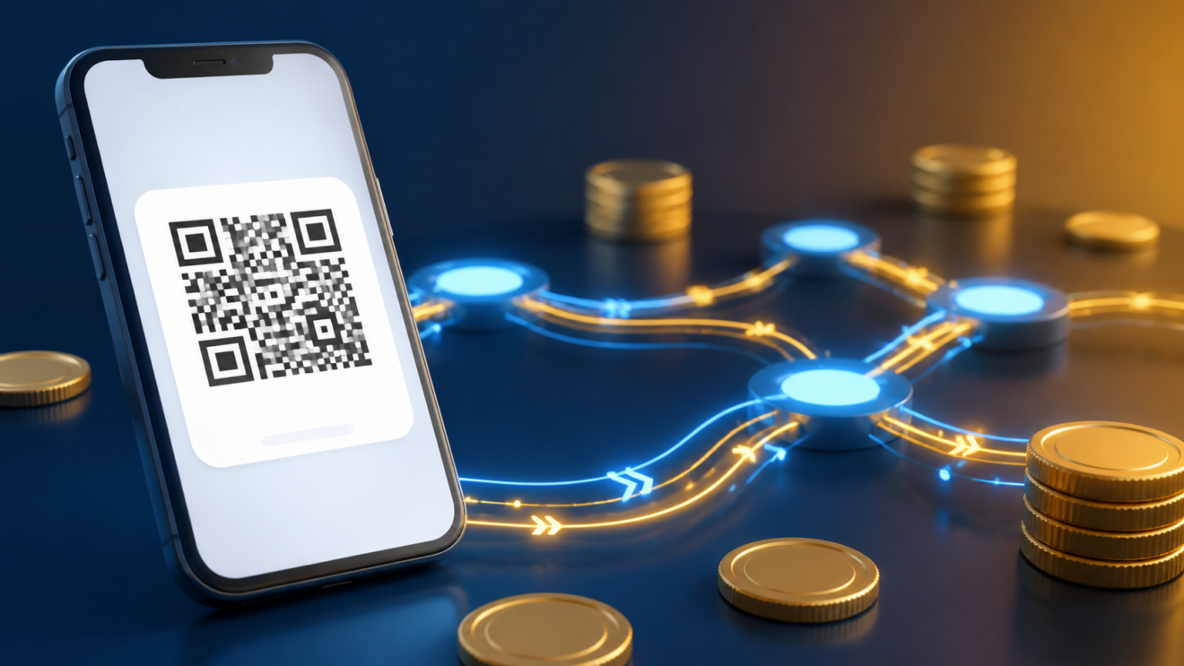 Ilustración editorial 3D de un teléfono con un pago QR y canales de Lightning Network