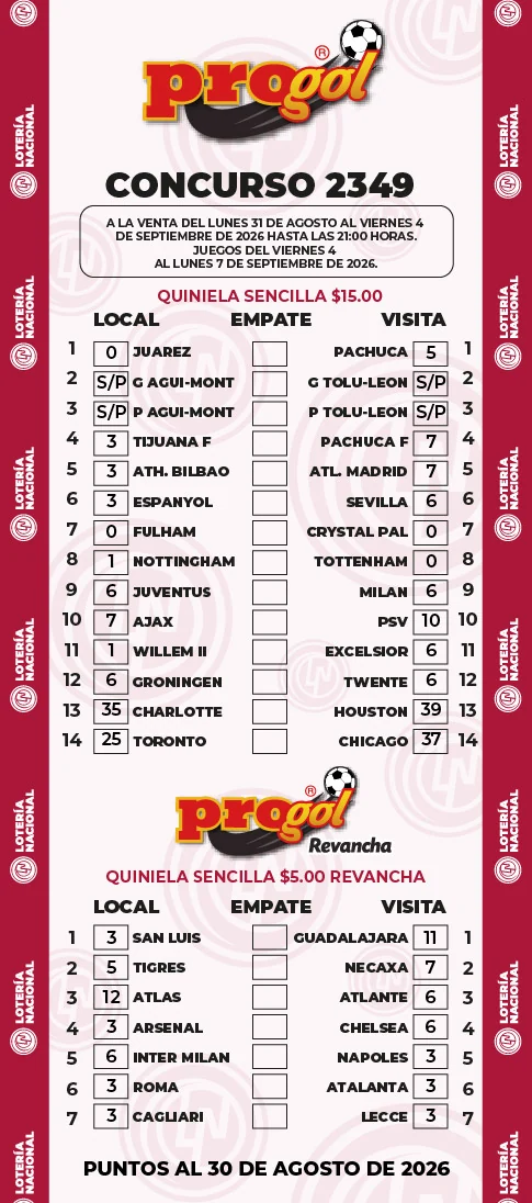 Progol 2349 boleta oficial
