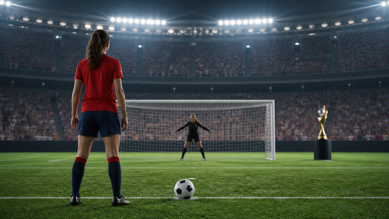 Ilustración editorial 3D de una futbolista genérica frente al balón en una tanda de penales