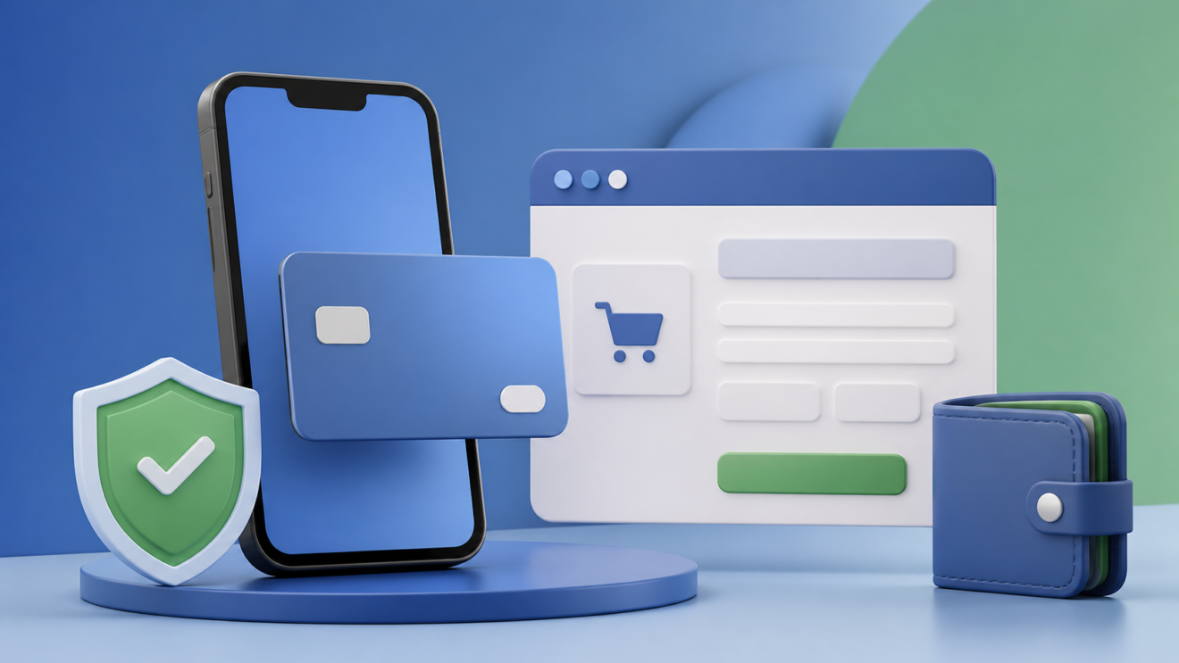 Ilustración editorial 3D de un teléfono con una tarjeta digital y un escudo de seguridad