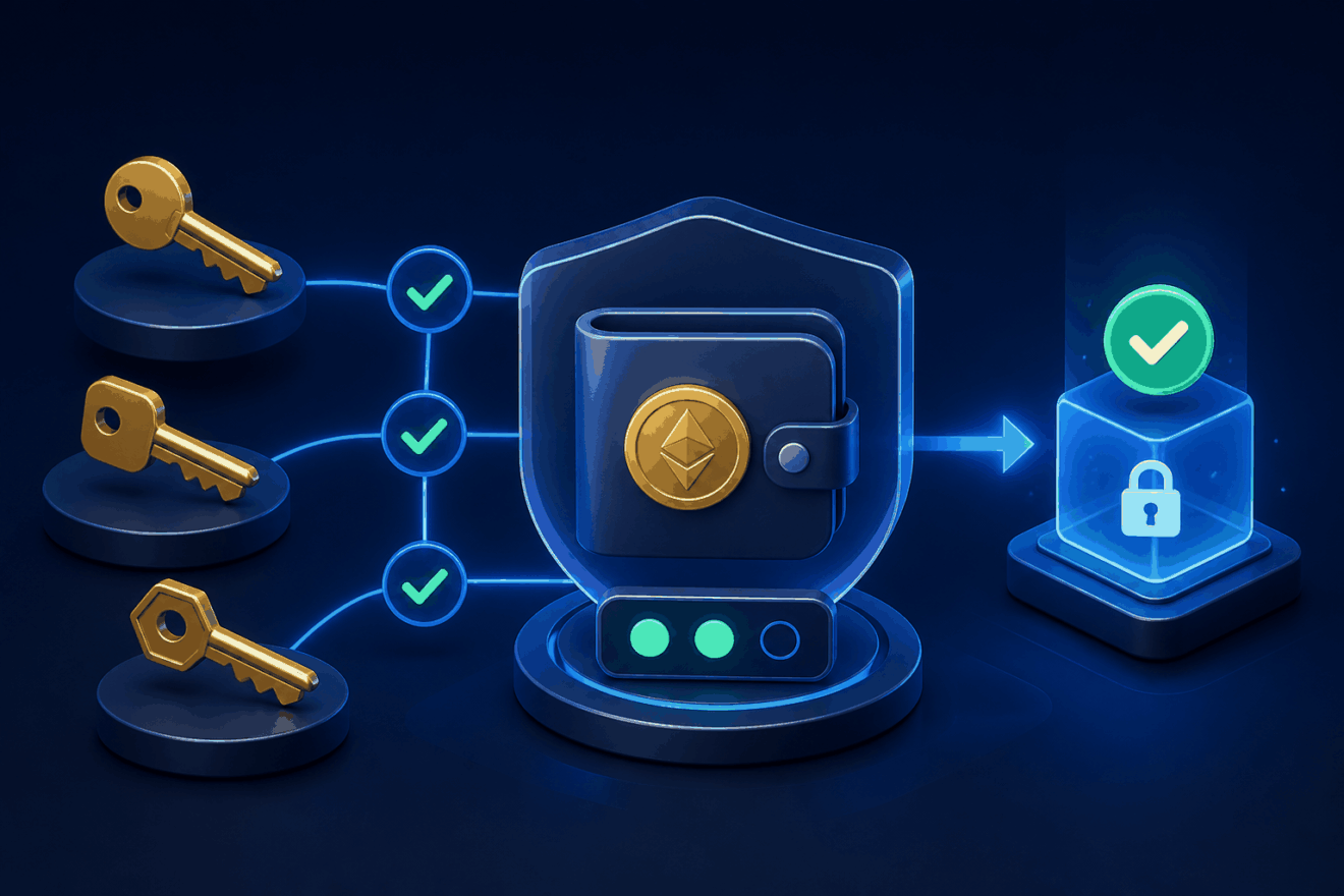 Ilustración editorial 3D de una wallet multisig protegida por varias llaves y aprobaciones