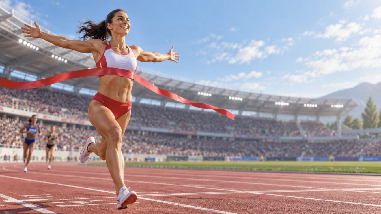Ilustracion editorial 3D de una velocista cruzando una meta en una pista olimpica