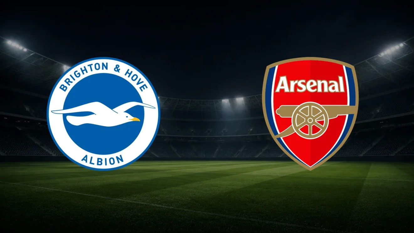 Escudos oficiales de Brighton y Arsenal frente a un estadio nocturno
