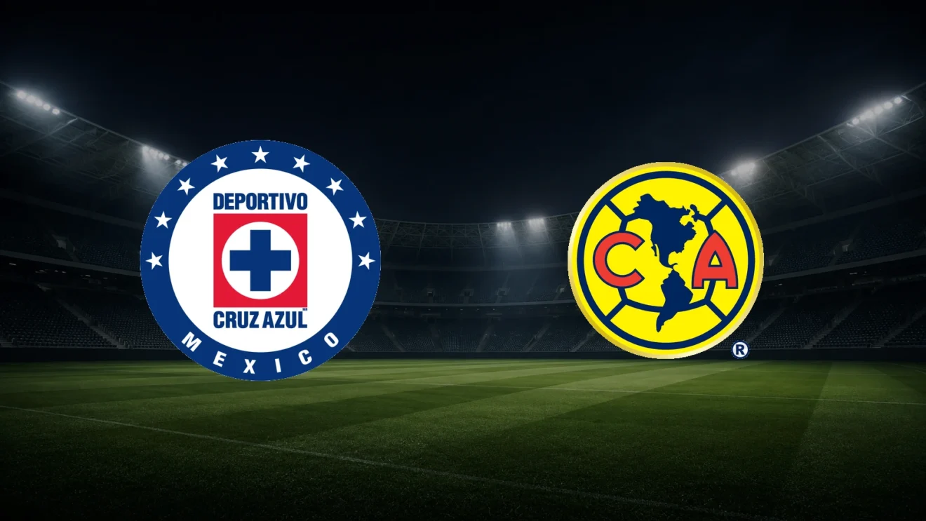 Escudos oficiales de Cruz Azul y América frente a un estadio de noche