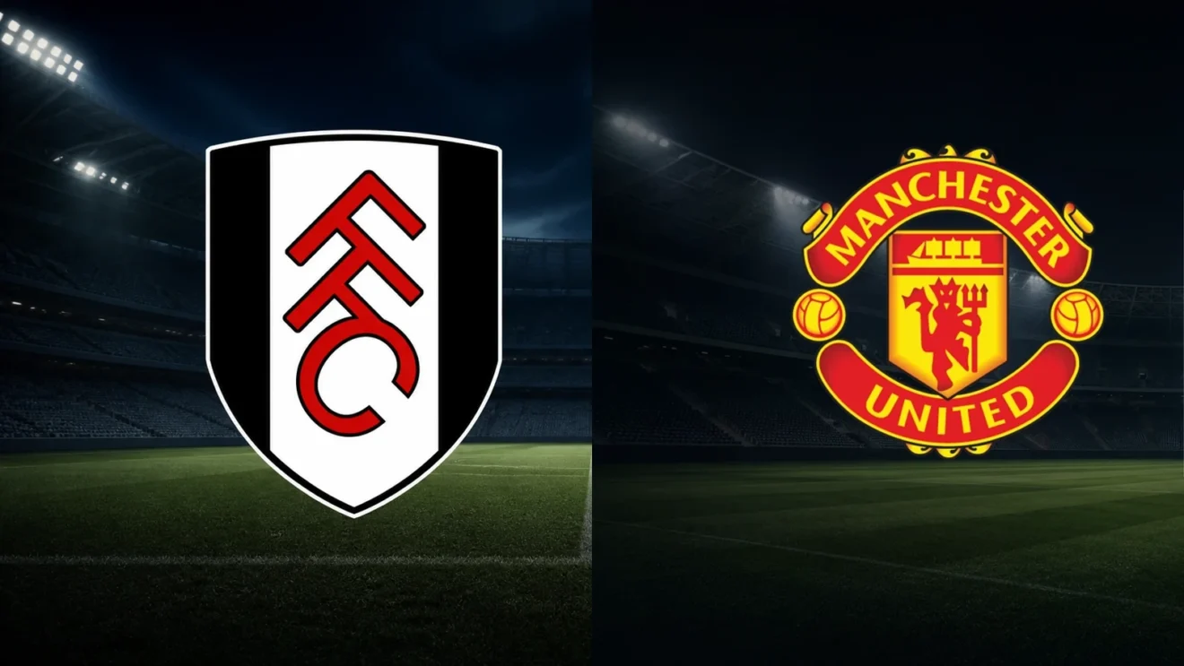 Escudos oficiales de Fulham y Manchester United frente a un estadio nocturno