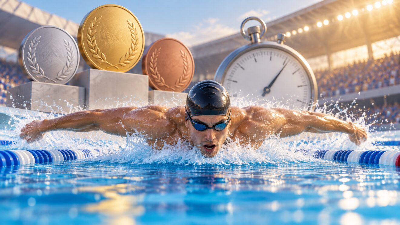Ilustracion editorial 3D de un nadador en una piscina olimpica rodeado de medallas