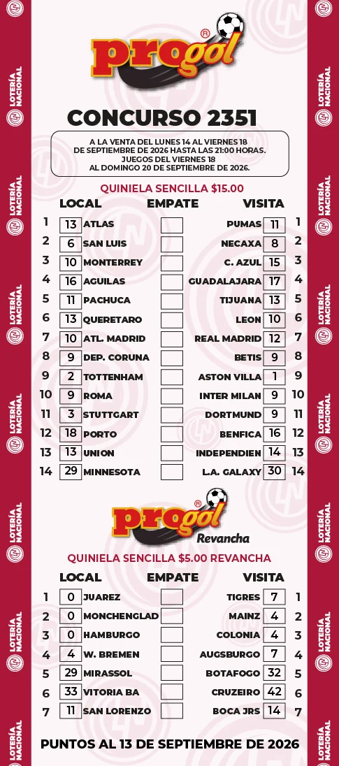 Progol 2351 boleta oficial Progol 2351 boleta oficial