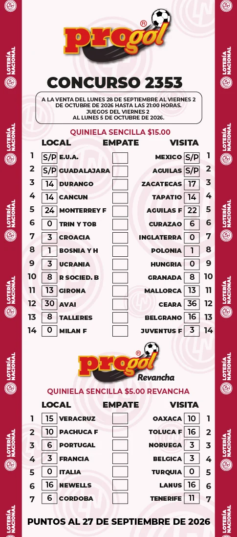 Progol 2353 boleta oficial