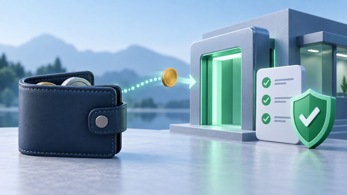 Ilustracion editorial 3D de una pequena transferencia cripto hacia una pasarela segura de verificacion