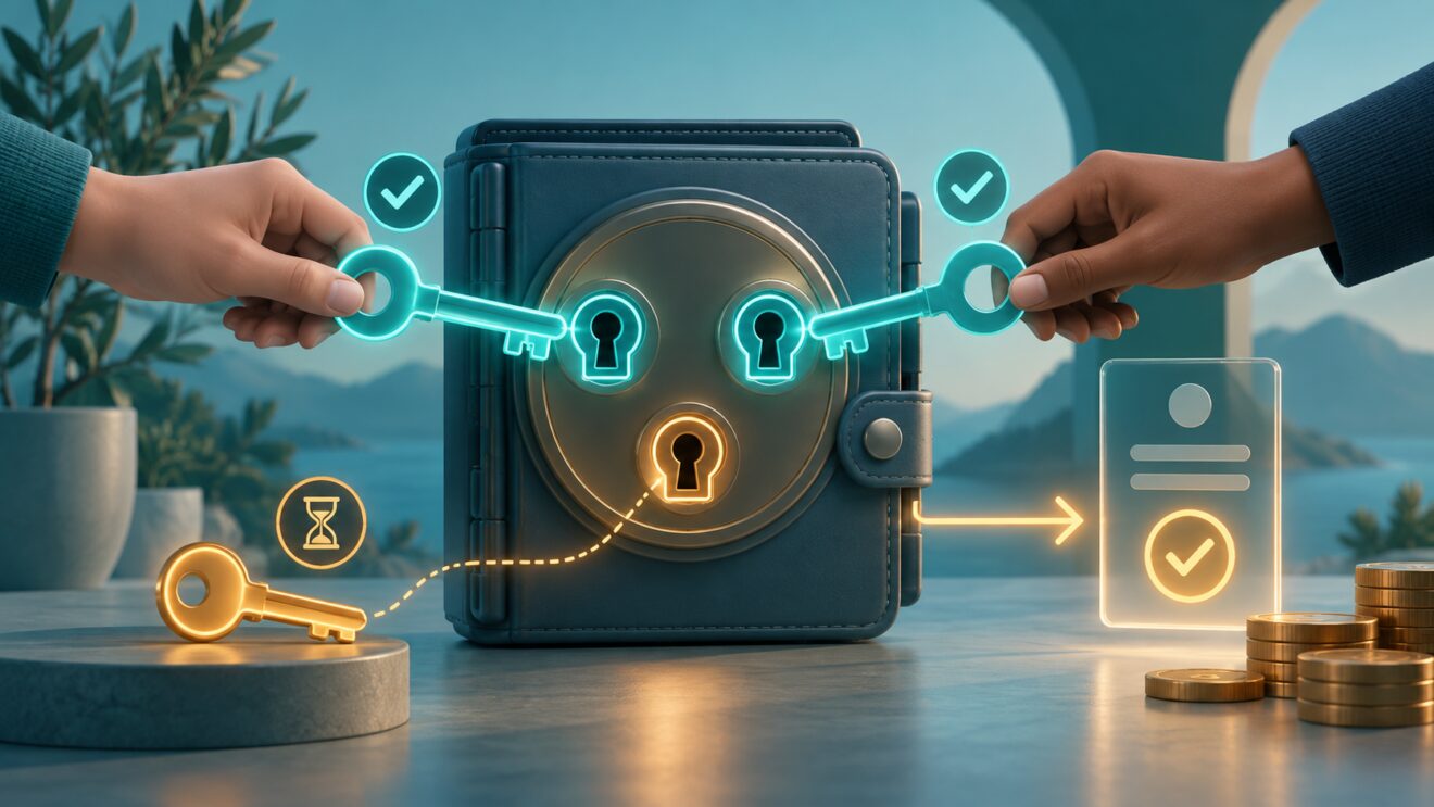 Ilustracion editorial 3D de una wallet multisig con tres llaves y un umbral de aprobacion
