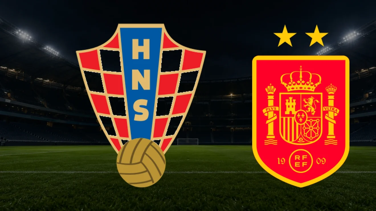 Escudos oficiales de Croacia y España frente a un estadio nocturno